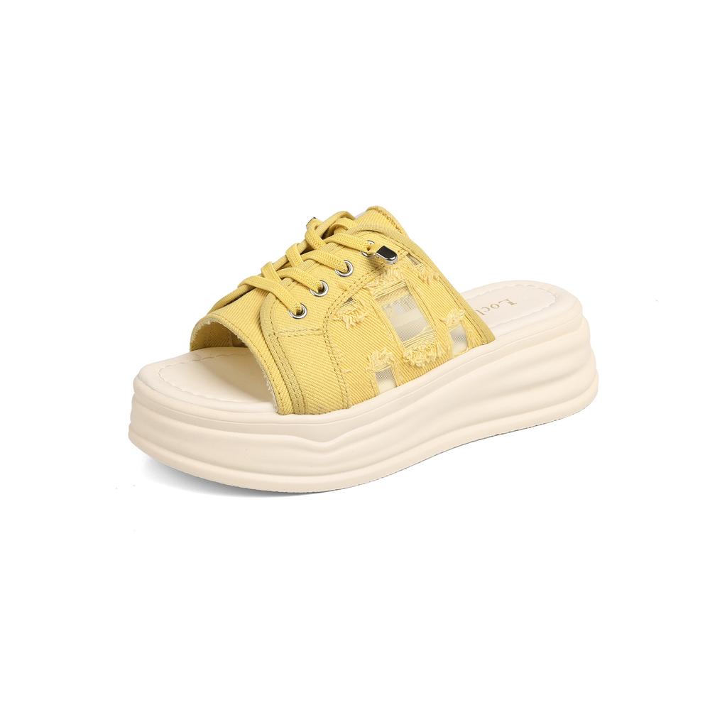 Pantofole da donna cool con tacco inclinato 2025 estate nuove pantofole da spiaggia romane piattaforma studentesca bocca di pesce tela scarpe da donna