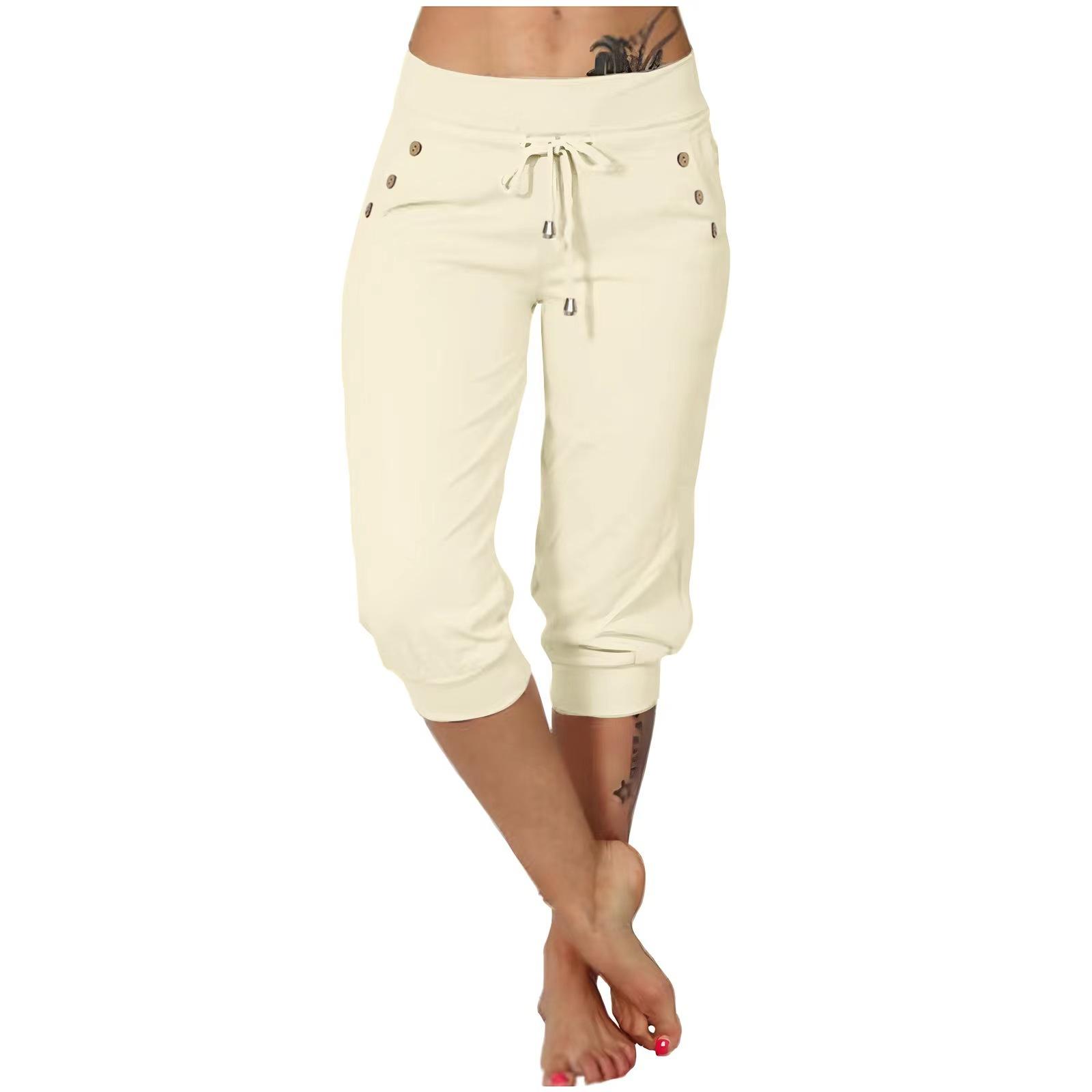 Pants for Women Casual Summer Drawstring Elastic Waist Pant with Pockets S бежевый