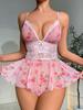 Transparent V-neck Sexy Nightdress For Women Floral Printed Lace Lingerie Pajamas Mini Dress Sexy Seamless Lingerie