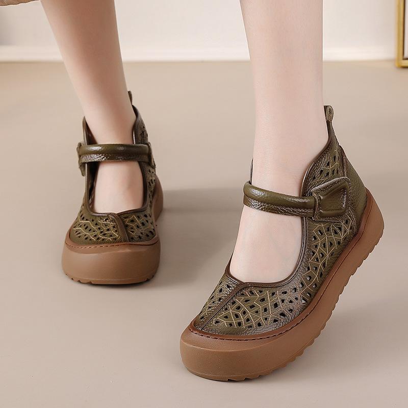 Summer Women's Ethnic Vintage Slide Sandals - Top-Grain Cowhide, Hollow-Out Breathable & Ultra-Soft Flat Sole with Bohemian Tribal Style Boots