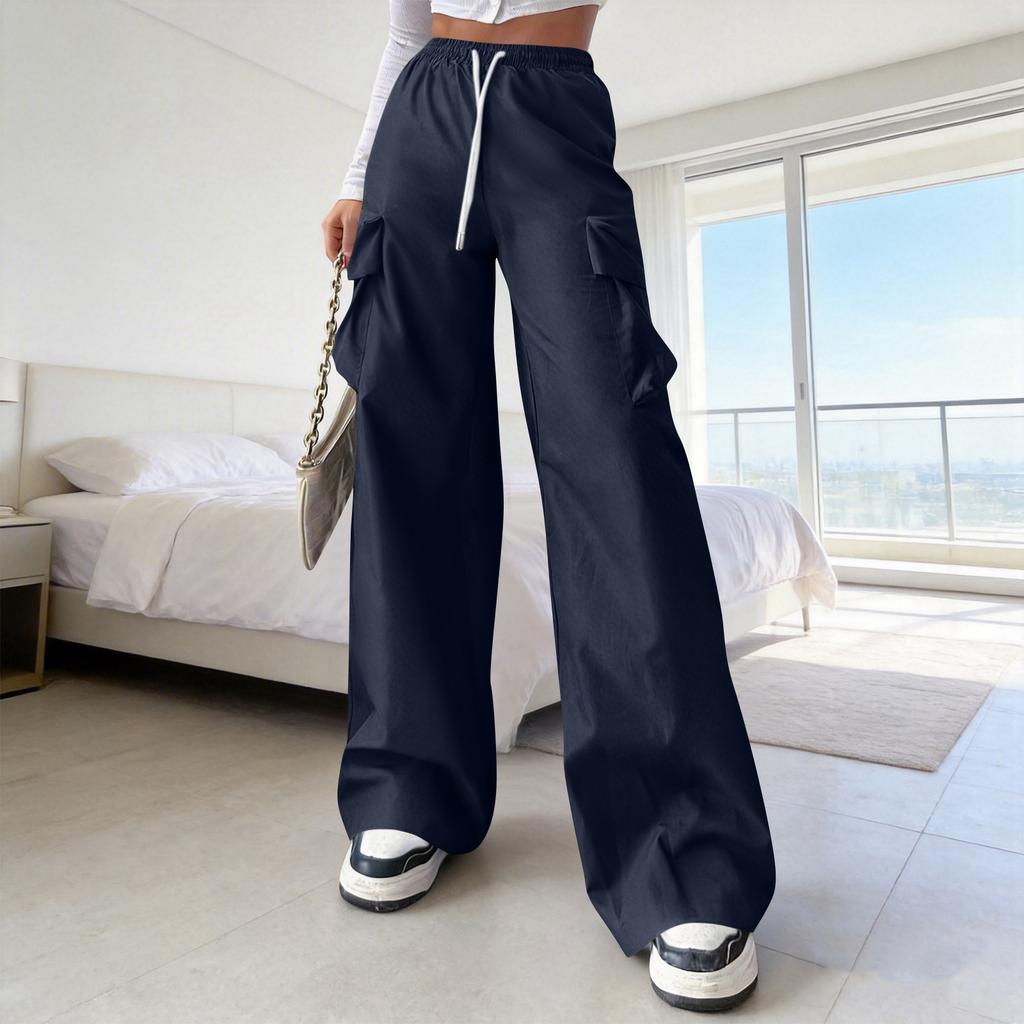 Women's Casual And Stylish Wide-leg Double-pocket Drawstring Cargo Pants