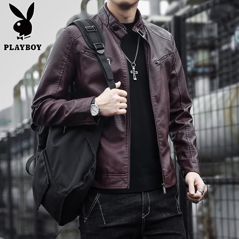 Playboy Men's Stand Collar Motorcycle Jacket