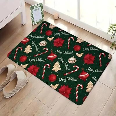 Dark Green Vintage Non-slip Christmas Rug Candy Cane and Gingerbread Man Print Entryway Rug Festive Home Party Decoration