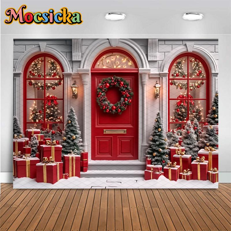 Mocsicka Christmas Photography Backgrounds Xmas Tree Decor Family Festival Party Photo Backdrops Winter Snow Door Pattern Banner