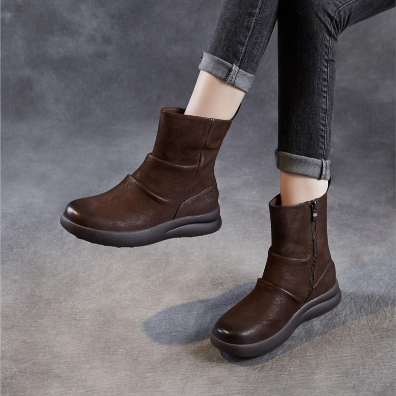 Johnature Genuine Leather Thick Soled Pleated Short Boots Side Zipper Soft Soled Cowhide Women's Boots