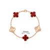 Bracciale da donna di alta qualità in oro rosa 18k, laser bianco, madreperla, calcedonio rosso, 15mm, quadrifoglio, cinque fiori