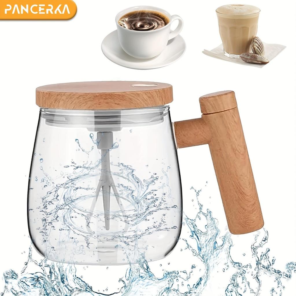 400ml Electric Self-Stirring Mug - High Borosilicate Glass Mixing Cup with Wooden Handle for Coffee, Milk, Protein Powder - Ideal for Home, Office