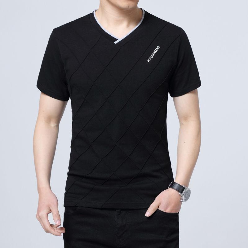 New Summer Slim Fit Korean Version V-neck Letter Print 3D Checkered Casual Oversized Elastic Short Sleeved T-shirt for Men