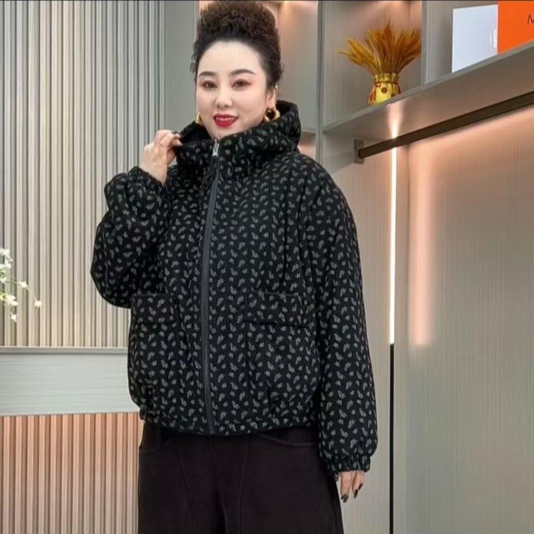 Stylish Floral Print Corduroy Hooded Coat with Velvet Lining and Large Pockets for Middle-Aged and Elderly Women