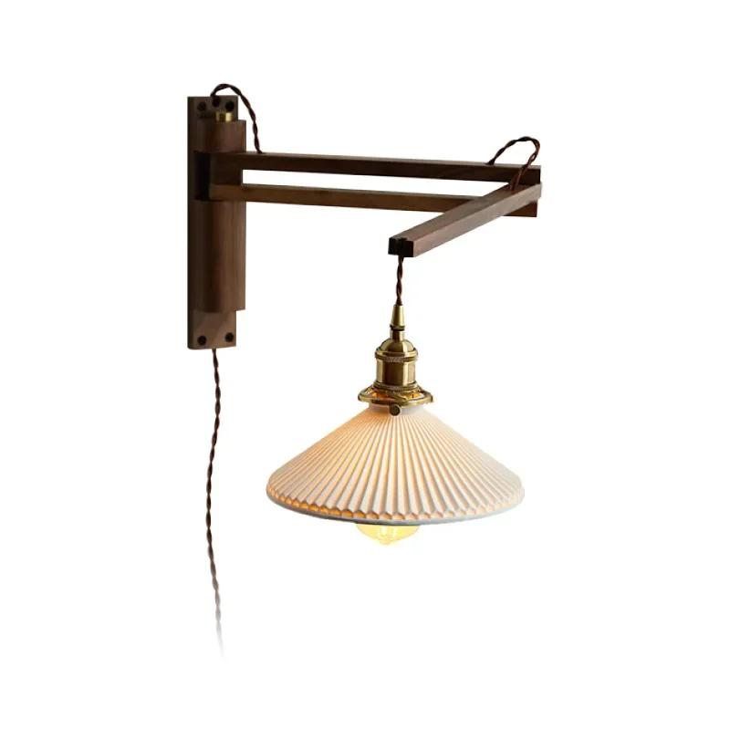Vintage foldable solid wood walnut wood wall lamp wabi-sabi Japanese brass ceramic homestay bedroom bedside wall lamp