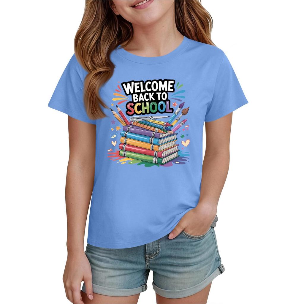 Kids Short Sleeve T Shirt Casual Crew Neck Tee Top Children Back to School Graphic Printed Lightweight Comfortable Summer Wear