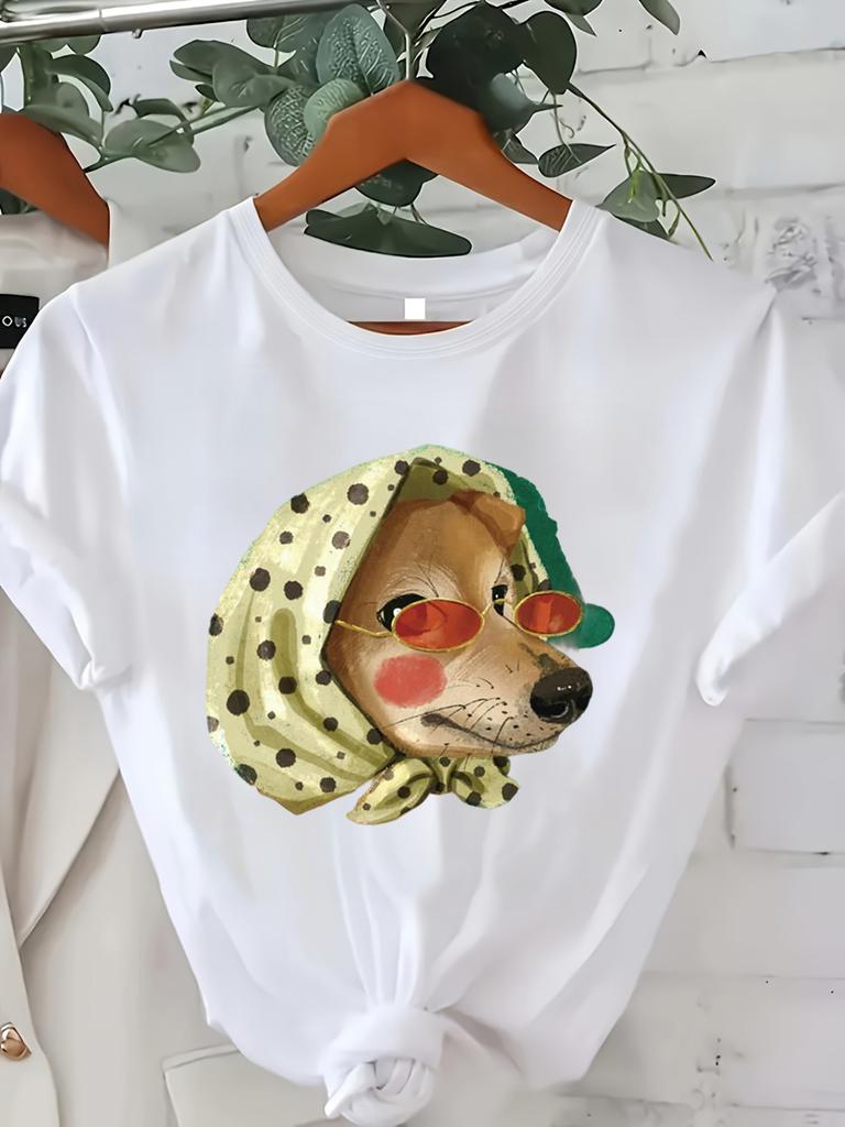 Kawaii Fashion Dog Print Tshirt Cute ShortSleeve White Casual Crew Neck Top Trendy Chic Pup Tee Fashionable Versatile Top