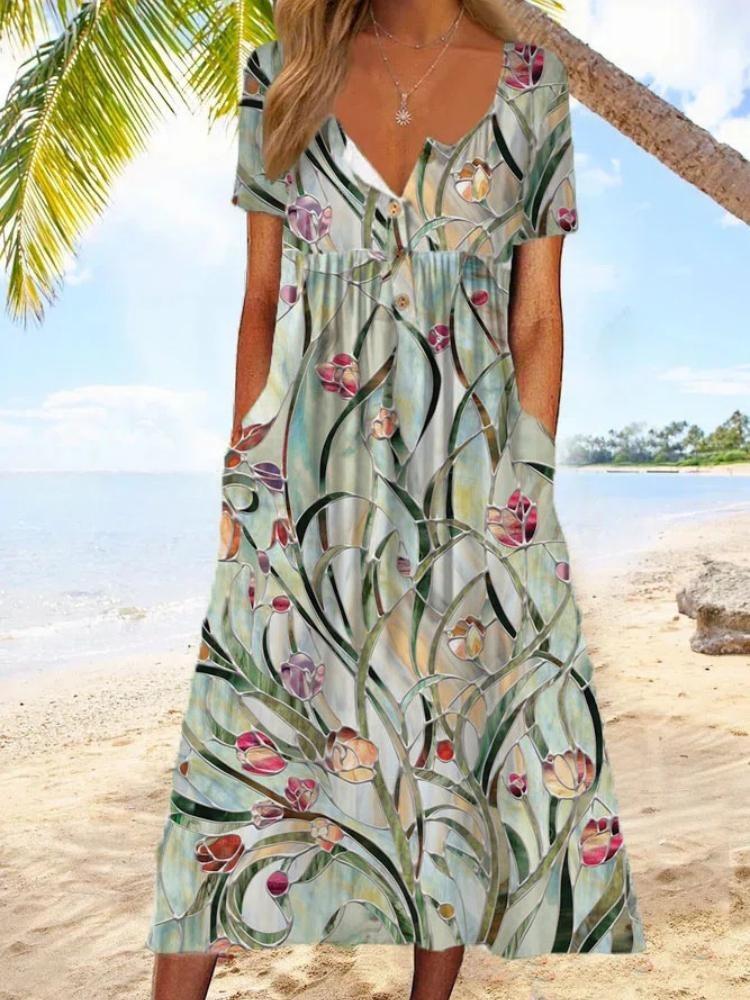 Buttoned Maxi Dress with Pocket Printed Cardigan Style Womens Dress