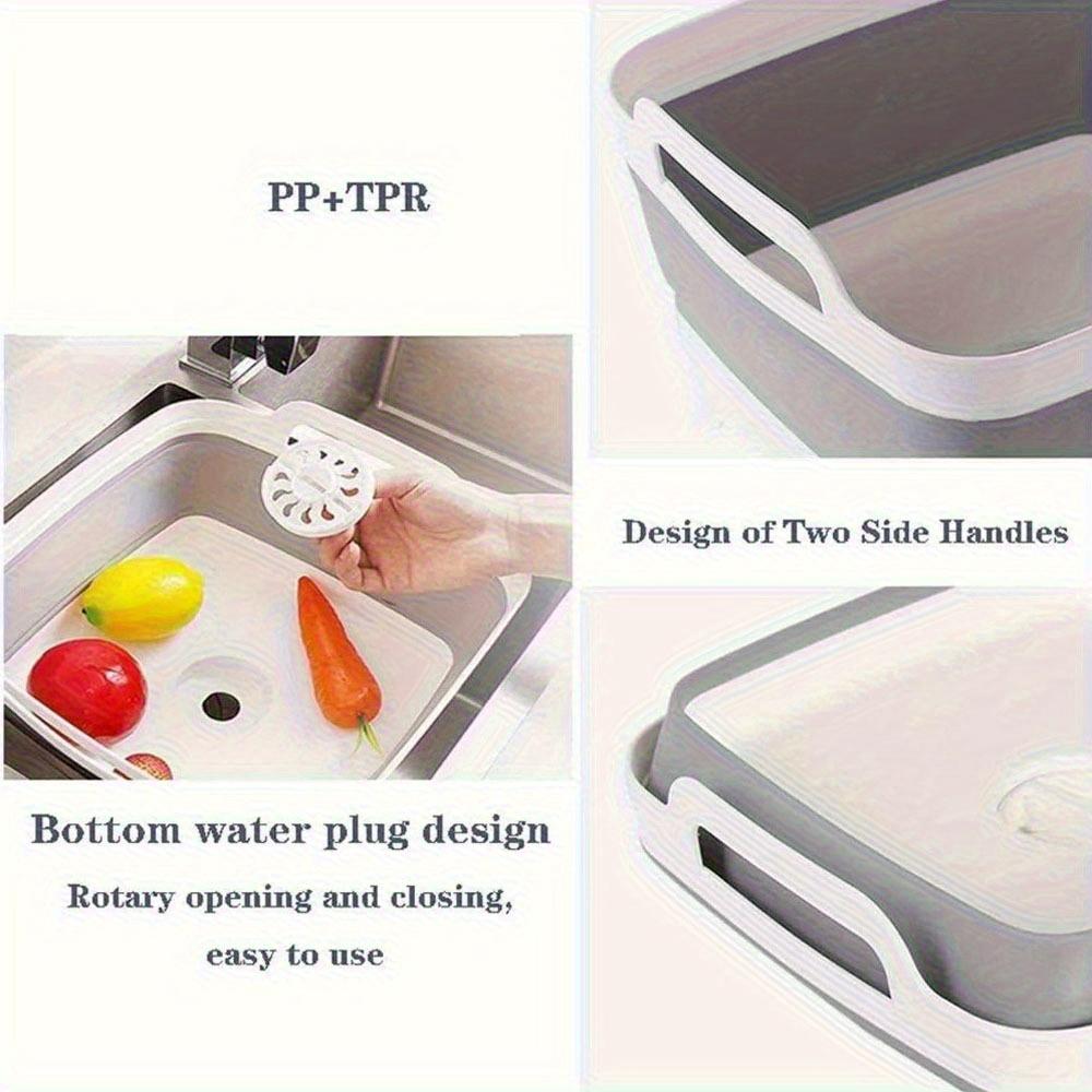 ¡Adecuado para uso en exteriores! El lavabo plegable para platos viene con un tapón de drenaje y un asa, lo que facilita el almacenamiento en la cocina.