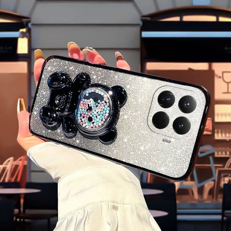 For Xiaomi 17T Pro Case with Gradient 3D Bear Folding Stand Bracket Luxury Slim Plating Glitter Girls for Xiaomi 17T Back Cover