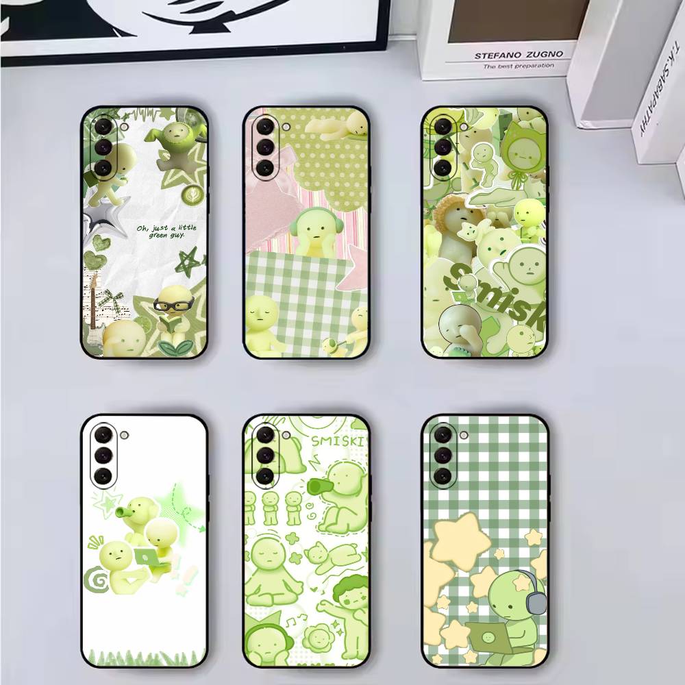 Cute S-Smiski Green Guy Phone Case For Samsung Galaxy A73,A72,A71,A70,A53,A52,A51,Soft Silicone Black Cover