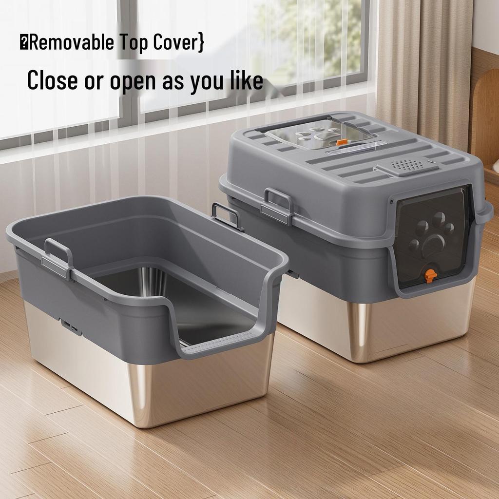 Odor-Proof Stainless Steel Enclosed Cat Litter Box with Anti-Splash Top Entry