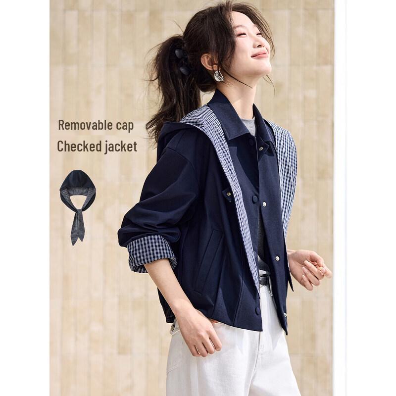 Women s Detachable Hood Plaid Short Jacket M