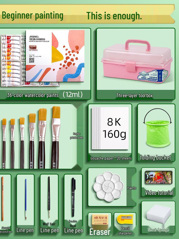 

24-Color Washable Gouache Paint Set with Watercolor Tools and Coloring Pencils for Kids 12 Colors 5ml - 13-Piece Beginner Set