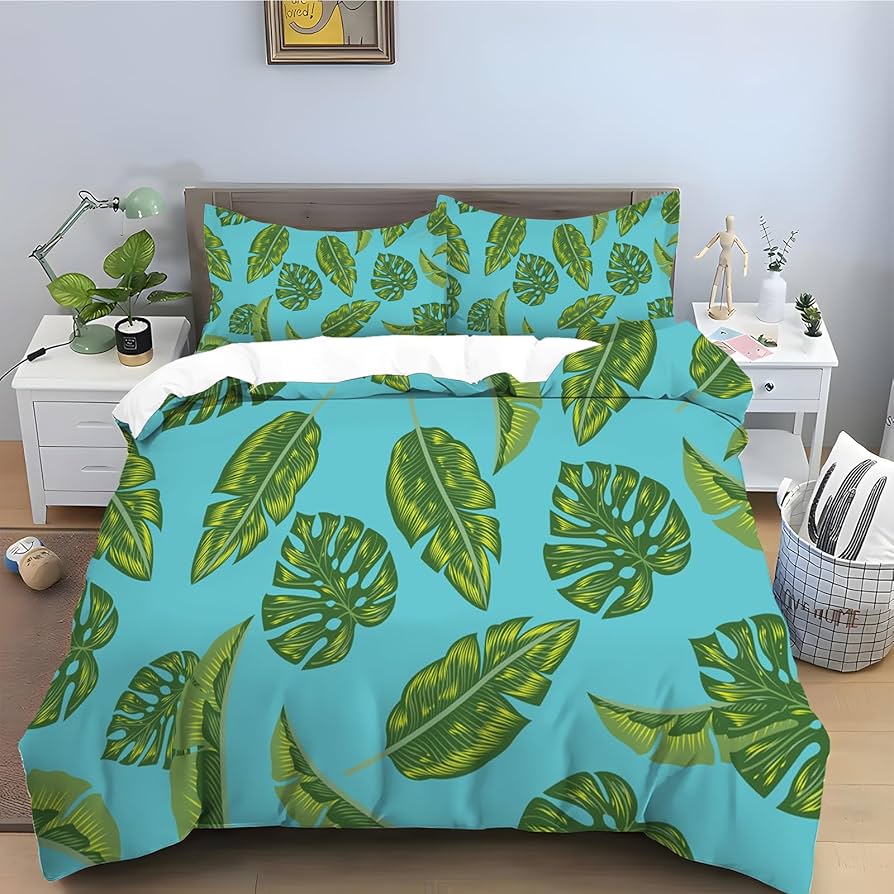 Tropical Leaves Duvet Cover Twin King Palm Leaf Pattern Bedding Set for Boys Girl Room Botanical Monstera Leaves Comforter Cover