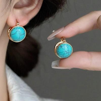Retro Chinese Style Double-Sided Turquoise Clip-On Earrings for Women - Unique, High-End Design