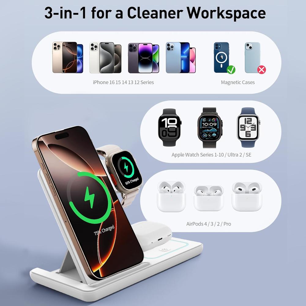 Foldable 30W 3 in 1 Night LED Light Wireless Charger Stand For iPhone Samsung Apple Watch 2-8 SE Airpods Fast Charging Station