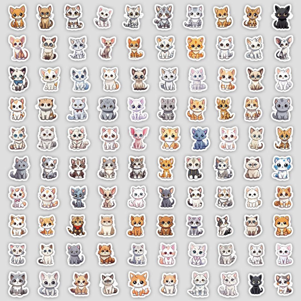 100 Cute Kitten Doodle Stickers for DIY Stationery, Water Cups, Computers, Luggage, and Waterproof Decorative Stickers