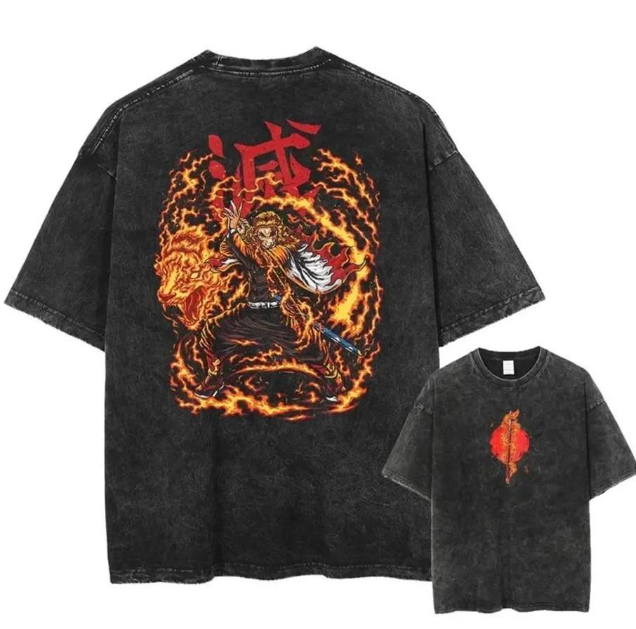 Кёдзюро Рэнгоку Пламенный Хасира Клинок Рассекающий Демонов Футболка – Аниме Футболка с Графикой в Стиле Кислотной Стирки 4XL