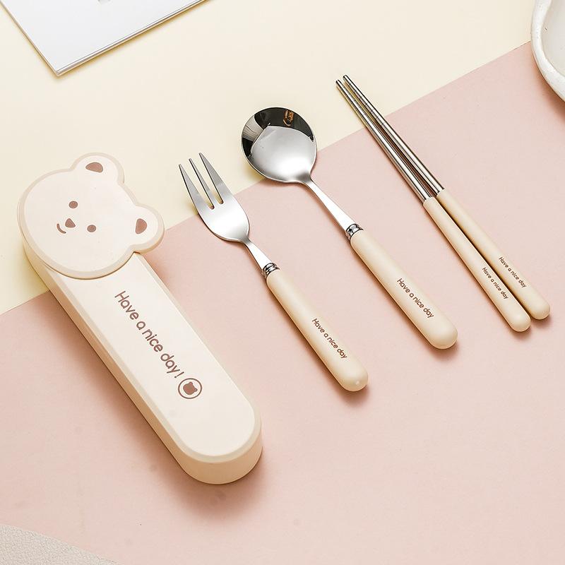 

Portable Cartoon Chopsticks Spoons and Forks A Cute Three-piece Set of Children s Tableware for Students and Office Workers To Take Away Bear Three-Piece Set