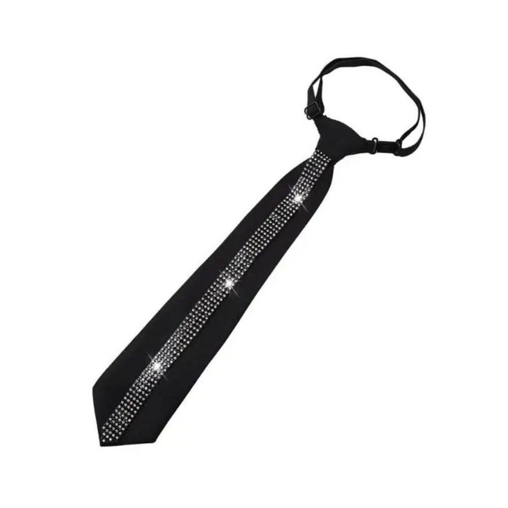 Black Lazy Rhinestone Neck Tie Flexible Pre Tied Neck Tie Business Adjustable Neck Tie Festive