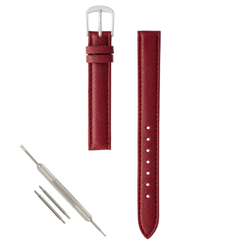 BAMBI Watch Strap, Genuine Leather, 9mm, 10mm, 11mm, 12mm, 13mm, 14mm, Odor-Resistant, Water-Repellent, Replacement Watch Band, Red, BCE610RI-S