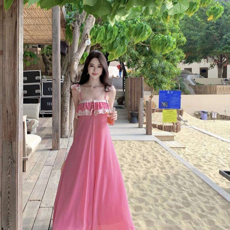Internet Celebrities with the Same Pink Purple Chiffon Lace Suspender Dress Women's Summer Seaside Vacation Style Sexy Dress