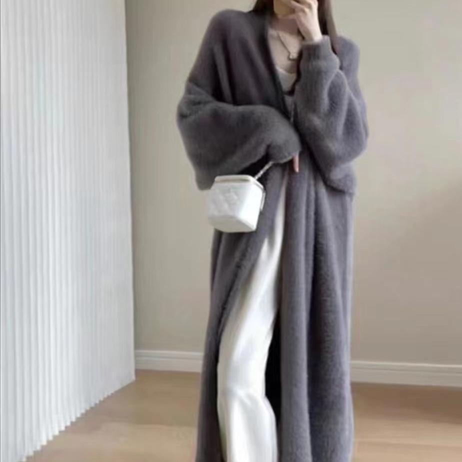 

GMXIA Искусственная норка бархат темперамент длинный выше колена свитер кардиган женский осень и зима ленивый свободный толстый трикотажный свитер пальто One size серый