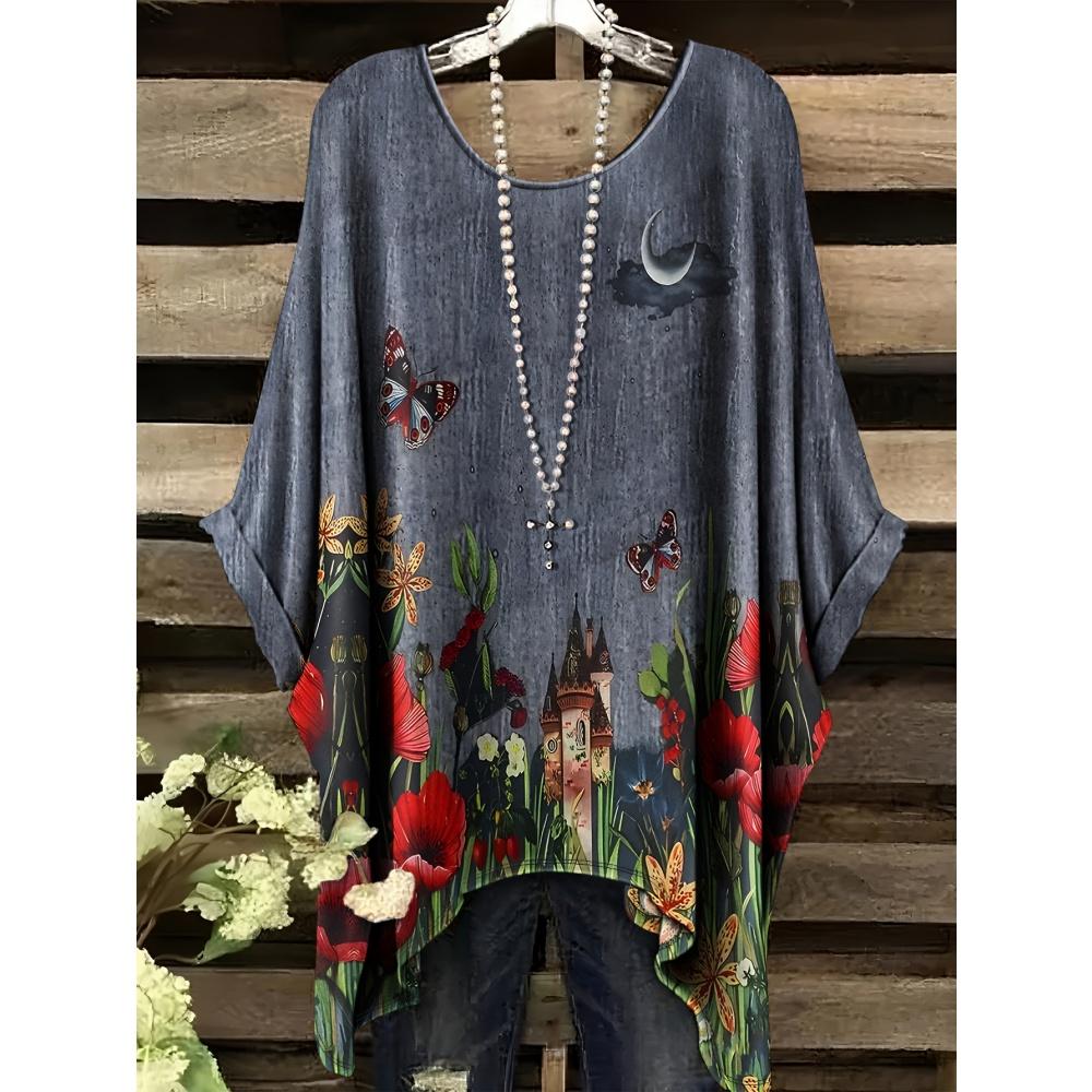Damen Sommer Böhmisches T-Shirt mit Blumendruck Vintage Helllila Y2k Grafik Rundhals Kleidung Elegant Frau Kurzarm Top