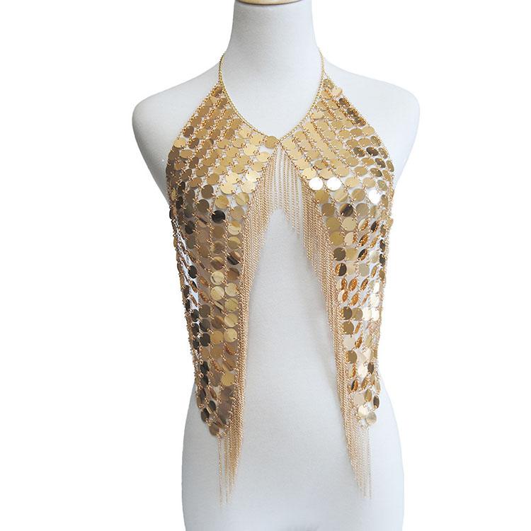 SC Moda Cadena de Sujetador con Lentejuelas Doradas Brillantes Cadena para la Cintura con Borlas Sexy para Club Nocturno Joyería Corporal Hueca para Mujeres