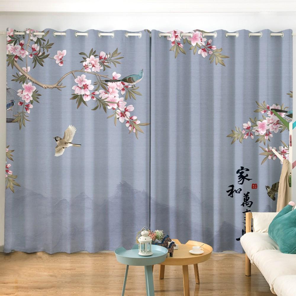 2PCS New Chinese Flower and Bird Print Semi-blackout Curtain Custom Hook Grommet Top Model Living Room Bedroom Window Curtain