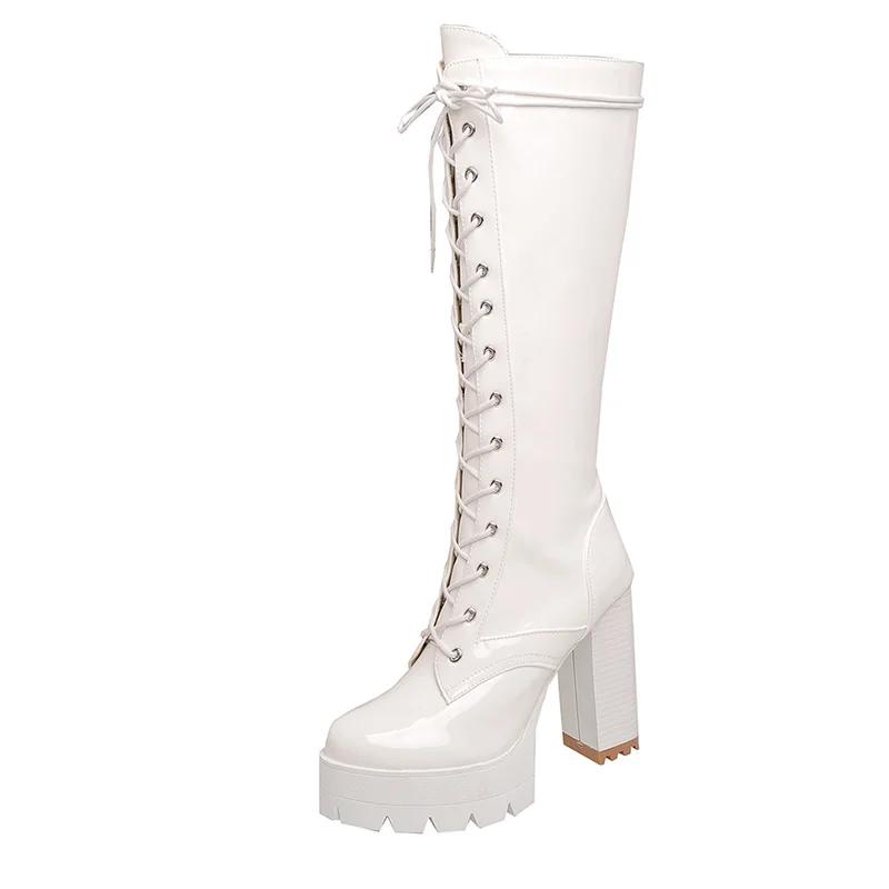 Fashion Patent Leather White Knee High Boots Lace Up Ladies Platform Boots High Heels Fashion Nightclub Patry Shoes Wholesale