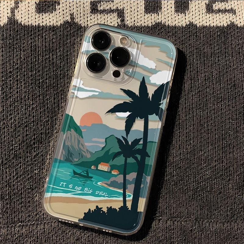 Sunset Coconut Tree Is Suitable for Apple 16pro Mobile Phone Case 15pro Transparent Case 13/12 All-inclusive Soft 11pro Set 14.