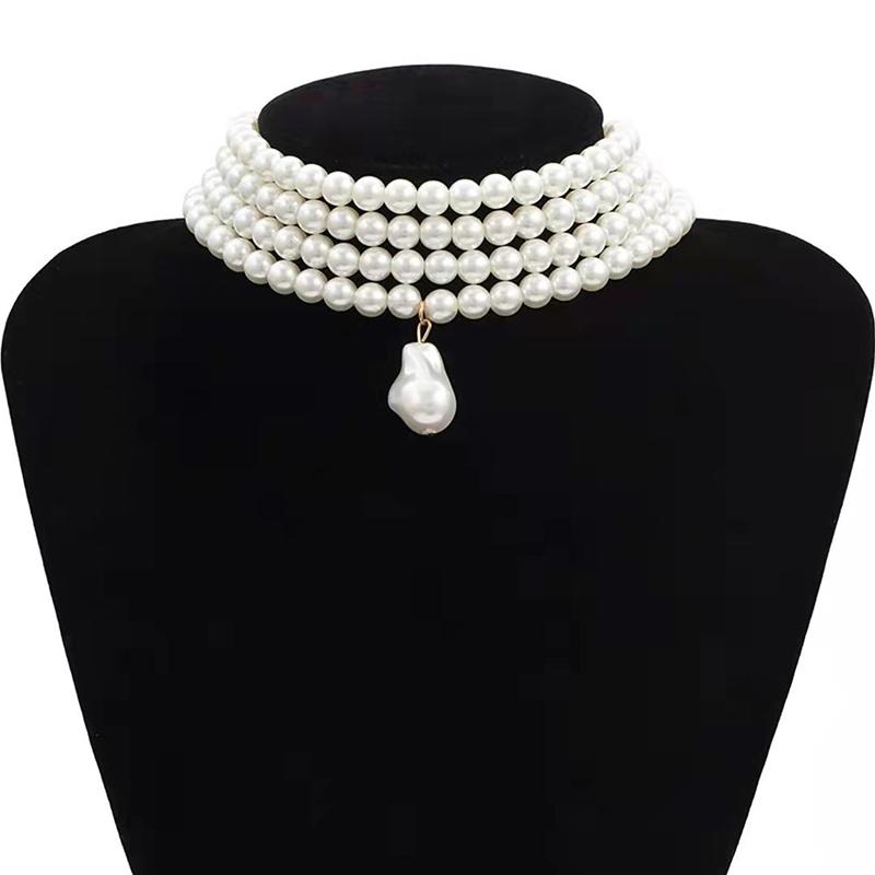Classic Layered Strand Round Pearls Beads Collar Choker Necklace For Women Irregular Baroque Pearl Pendant Wedding Necklace Gift