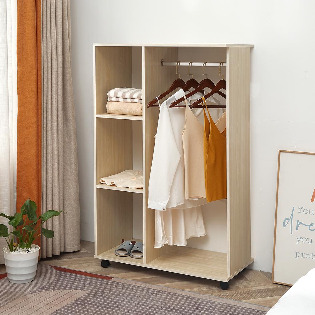 Wardrobe Clothes Rack Mobile Storage Cabinet Particle Board Light Oak Color