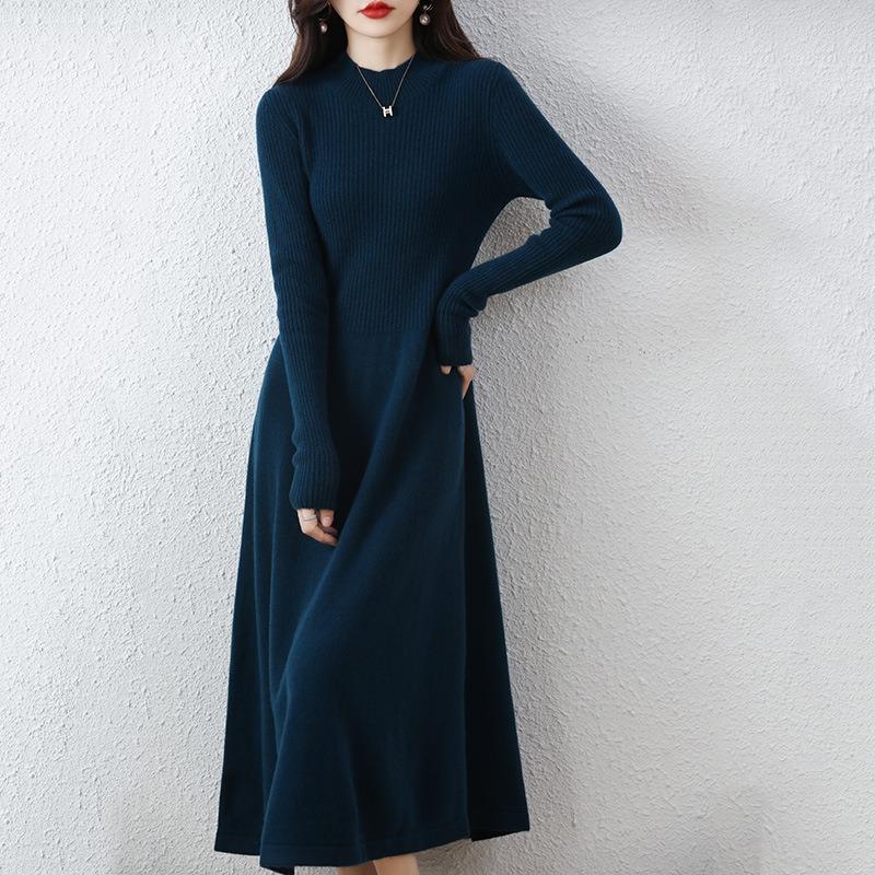 Autumn and winter knitted bottoming sweater skirt women's super long slim slim slim pullover long dress covering the stomach long sleeve dress
