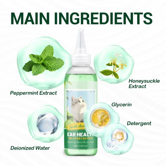 Limpiador de Oídos para Mascotas de 60 ml No Irritante Gatos Perros Líquido Limpiador de Oídos Suave para Oídos