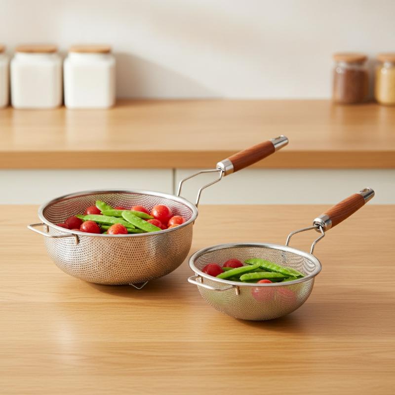 Stainless Steel Fine Mesh Colander With Heat Resistant Wooden Handle For Rinsing Vegetables Straining Pasta Kitchen Use