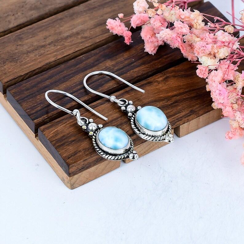 solid 925 Sterling Silver Natural Larimar Gemstone Handmade Designer dangle Drop Earrings