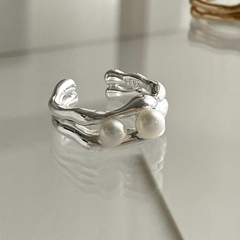 Adjustable Open Elegant Ring With Double Layer Freshwater Pearls For Womens Fashion