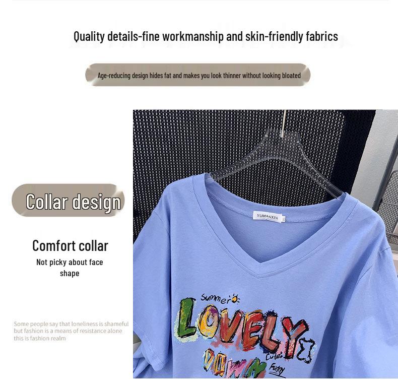 Plus Size V-Neck Slimming Mid-Length Loose T-Shirt for Women, Short-Sleeved, Covers Belly, Available In 200/300/350 Jin.