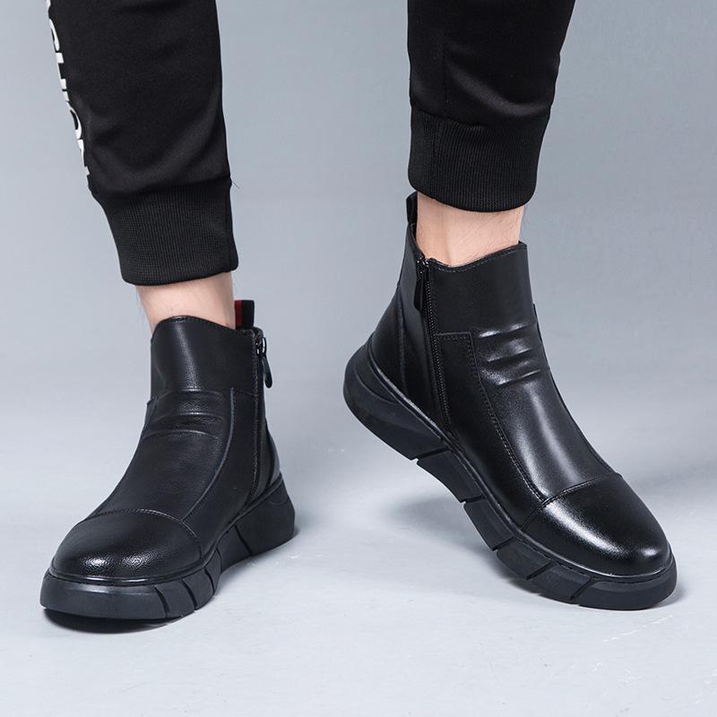 2025 winter new men's leather shoes casual fashion British high-top round head foot boots velvet