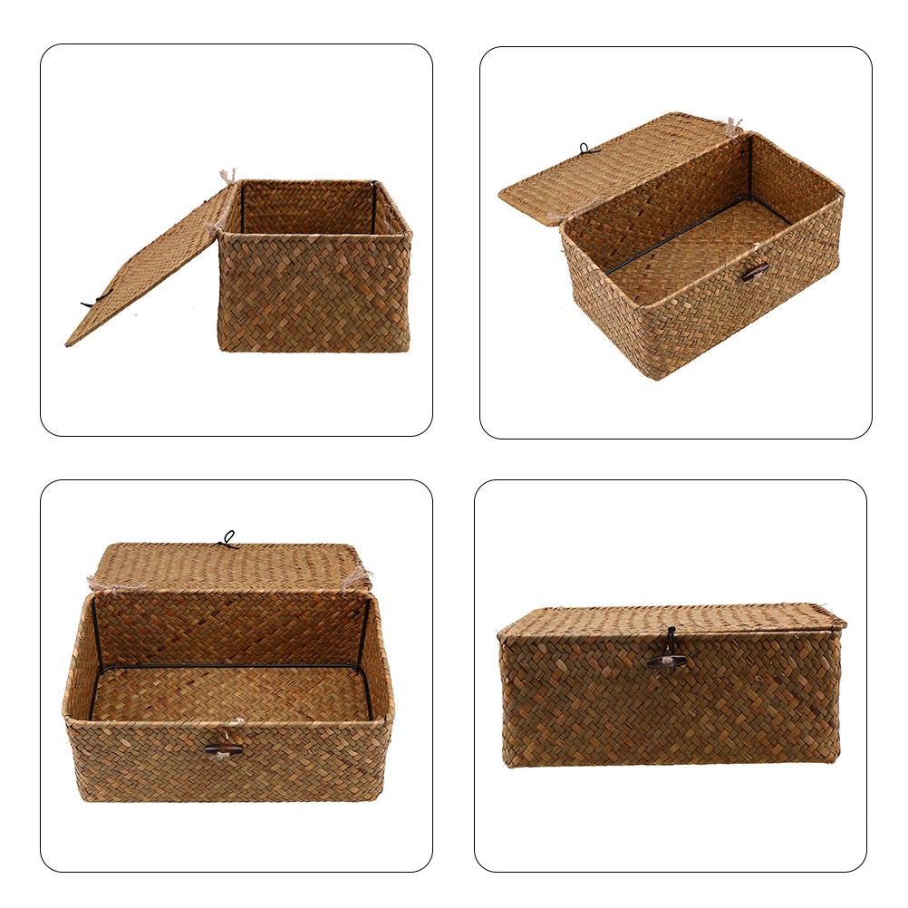 Yellow Seagrass Woven Storage Basket With Lid Desktop Organizer Box For Clothes And Sundries
