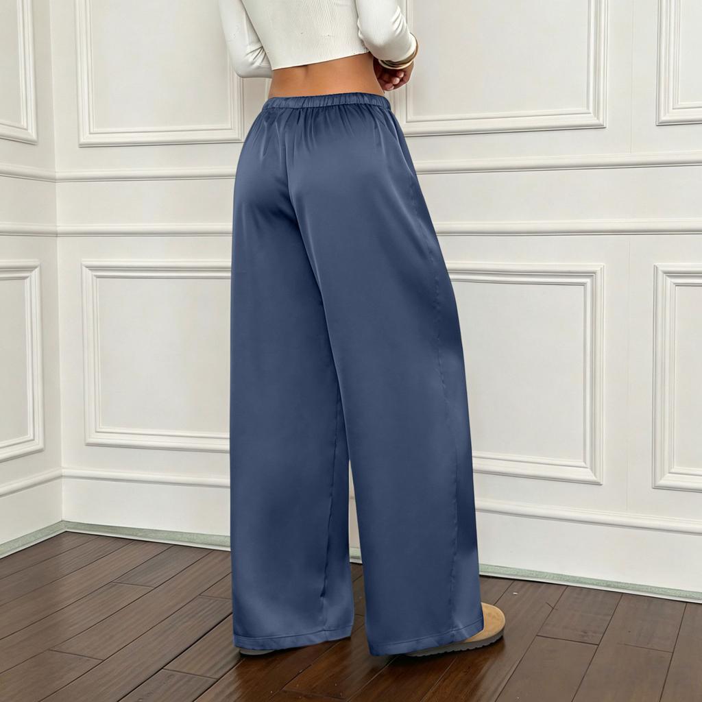 Women High Waist Loose Fit Wide Leg Pants Soft Flowing Fabric Relaxed Casual Trousers with Drawstring Waistband for Daily Wear