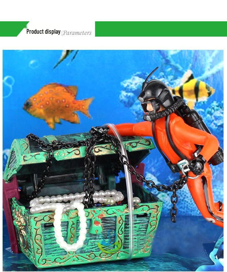 Decoración de Acuario Cofre del Tesoro Neumático y Hombre Rana Caballito de Mar Americano